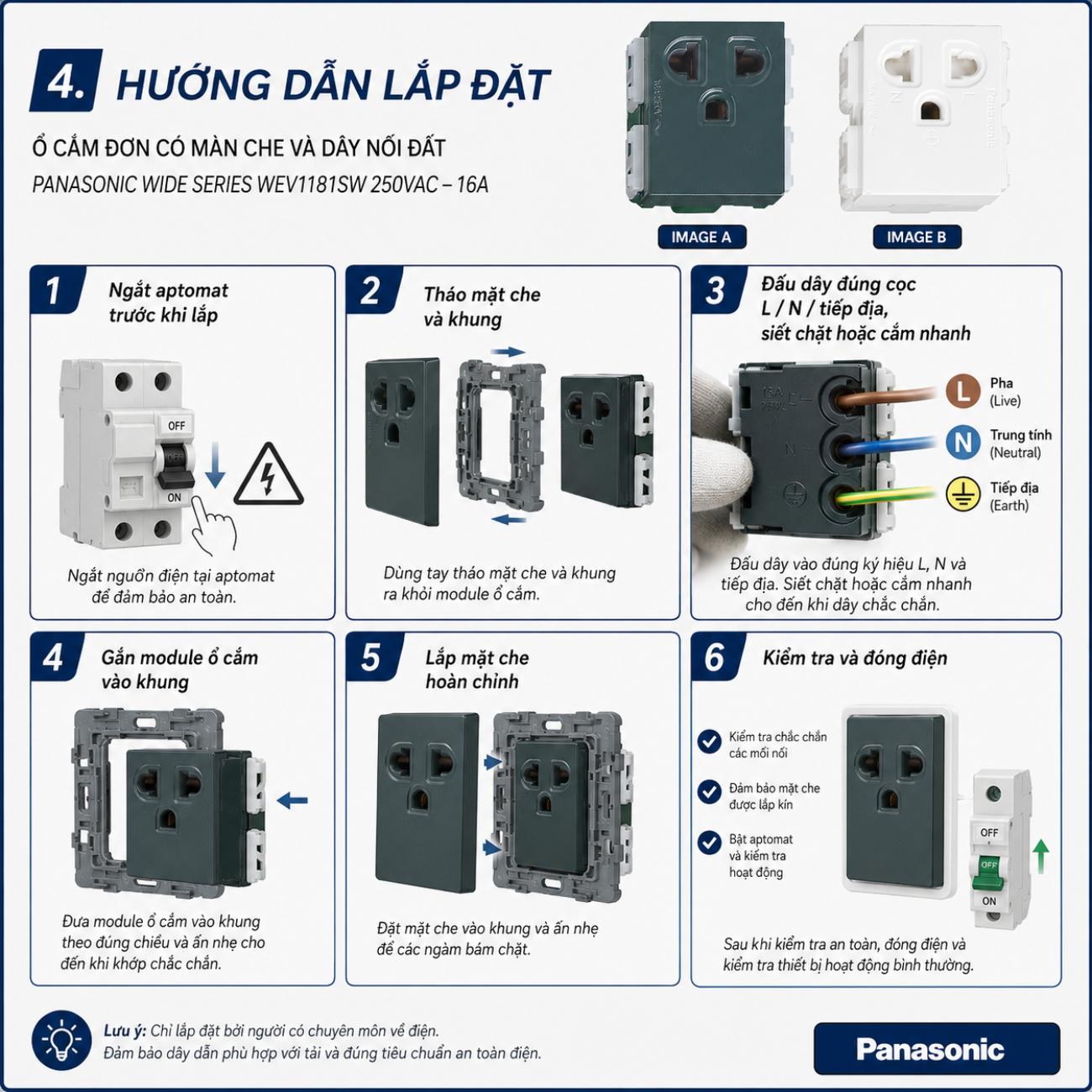 Ổ cắm đơn có màn che và dây nối đất Panasonic WIDE Series 250VAC – 16A